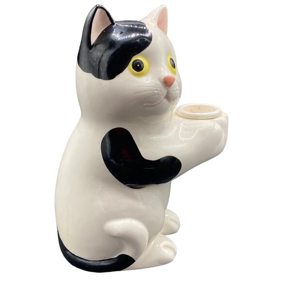 Henriksen Imports Inc Ceramic black and white kitten CANDLE HOLDER - Picture 1 of 5